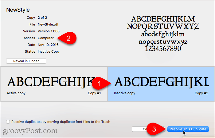 Klik op Dit duplicaat oplossen in lettertypeboek