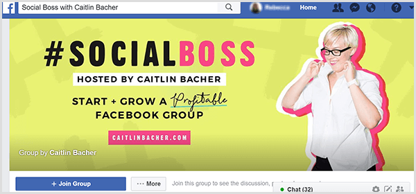 De Facebook-groepsfoto voor Social Boss gehost door Caitlin Bacher heeft een gele achtergrond, roze accenten op de tekst en een foto van Caitlin die haar overhemdkraag omhoogtrekt.