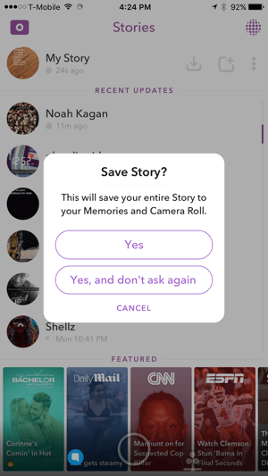 Tik op Ja om je Snapchat-verhaal op te slaan.