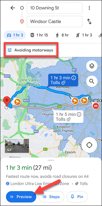 Google Maps mobiele route zonder snelwegen