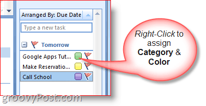 Takenbalk van Outlook 2007 - Klik met de rechtermuisknop op de taak om kleuren en categorie te selecteren
