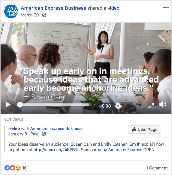 Deze Facebook-advertentie voor American Express Business bevat Susan Cain, een bekende leiderschaps- en managementexpert die bekendheid verwierf met een recente TED Talk.