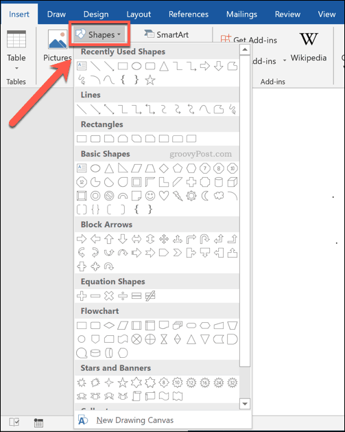 De knop Vormen en menu in Word