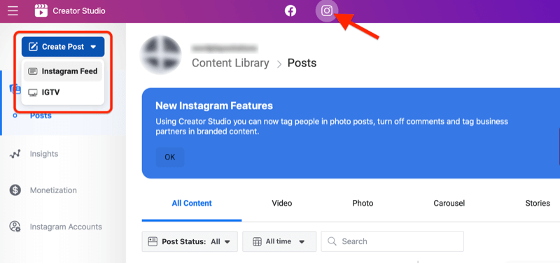 Opties voor Instagram-berichten in Creator Studio