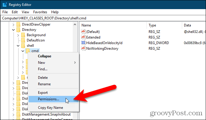 Selecteer Machtigingen voor een sleutel in de Windows Register-editor
