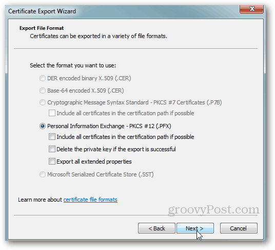 Windows-certificaat exporteren - Accepteer standaardwaarden