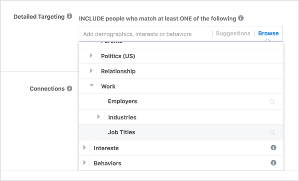 Scrol in het venster Een opgeslagen doelgroep maken omlaag naar de sectie Gedetailleerde targeting en begin de functietitels in te typen die u wilt targeten.