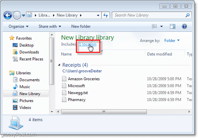 druk op de locatielink om nieuwe locaties toe te voegen aan een Windows-bibliotheek