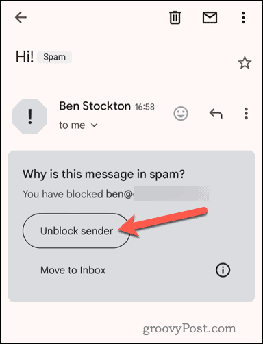 Deblokkeer een geblokkeerde afzender in de mobiele Gmail-app