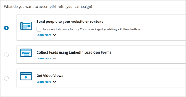 Kies het campagnedoel voor uw LinkedIn-videoadvertentiecampagne.