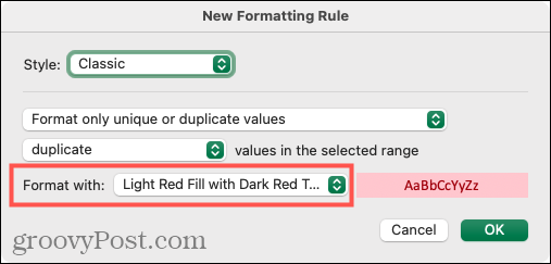 Selecteer Opmaak voor duplicaten in Excel op Mac