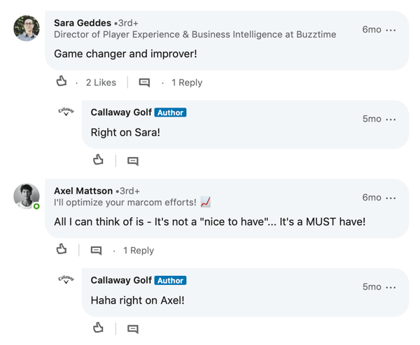 Reacties van LinkedIn-leden voor Callaway Golf-bericht
