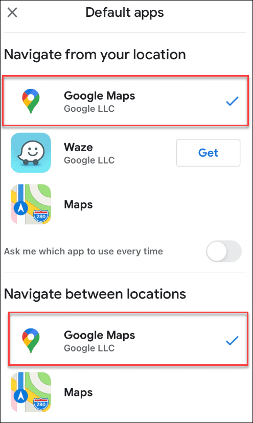 gmail google maps als standaard geselecteerd