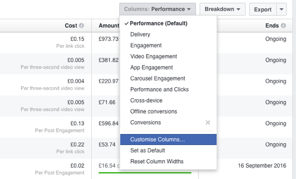 Voeg een nieuwe rapportagekolom toe in Facebook Ads Manager.