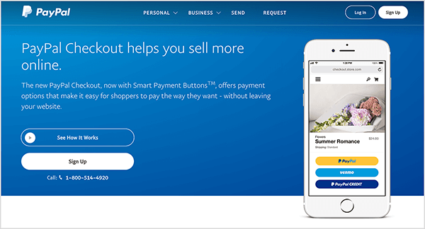 Dit is een screenshot van de webpagina van de PayPal Checkout-service. Het heeft een blauwe achtergrond en witte tekst. Een kop zegt 'PayPal Checkout helpt u meer online te verkopen'. Er verschijnen twee knoppen onder de kop: een blauwe met het label See How It Works en een witte met het label Aanmelden. Aan de rechterkant is een afbeelding van een smartphone met de PayPal Checkout-functie op een mobiel website.