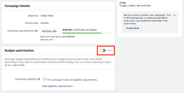 Optie voor optimalisatie van het budget voor Facebook-campagnes.
