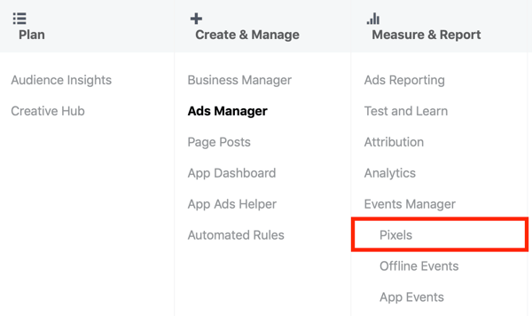 Gebruik de Facebook Event Setup Tool, stap 1, Pixels menu-optie in Facebook Ads Manager