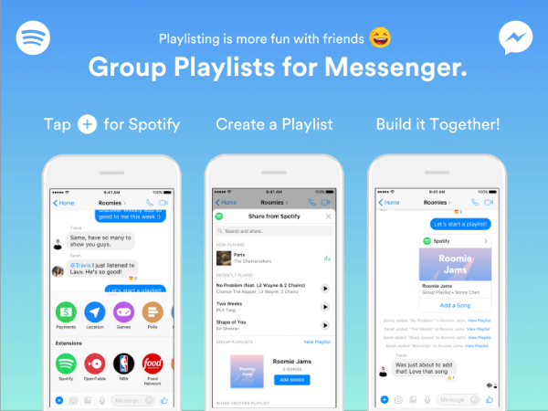 Spotify breidde de functionaliteit van zijn Messenger-bot uit, zodat groepen rechtstreeks vanuit de Messenger-app afspeellijsten kunnen maken.