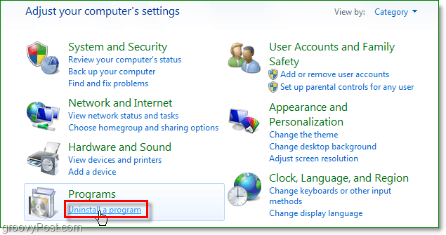 klik op een programma verwijderen om door te gaan met verwijderen, dwz uit Windows 7