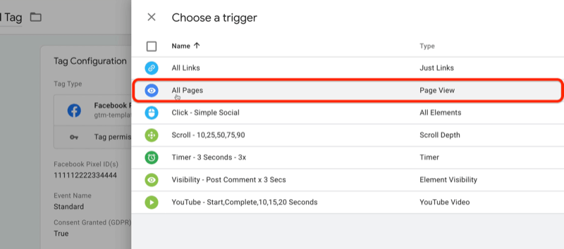 google tag manager nieuwe tag met kies een trigger menu-opties met alle pagina's geselecteerd en gemarkeerd
