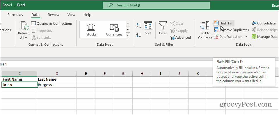 Gegevenshulpmiddelen Flash Fill Excel