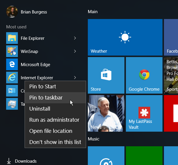 IE Startmenu Windows 10