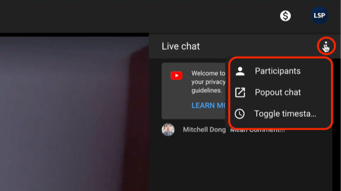 youtube live chat-menu-opties, waaronder het bekijken van deelnemers en het tevoorschijn halen van de chat voor betere weergave en moderatie