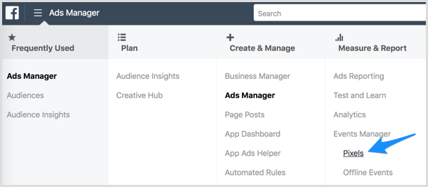 Toegang tot de Facebook-pixel via Ads Manager.