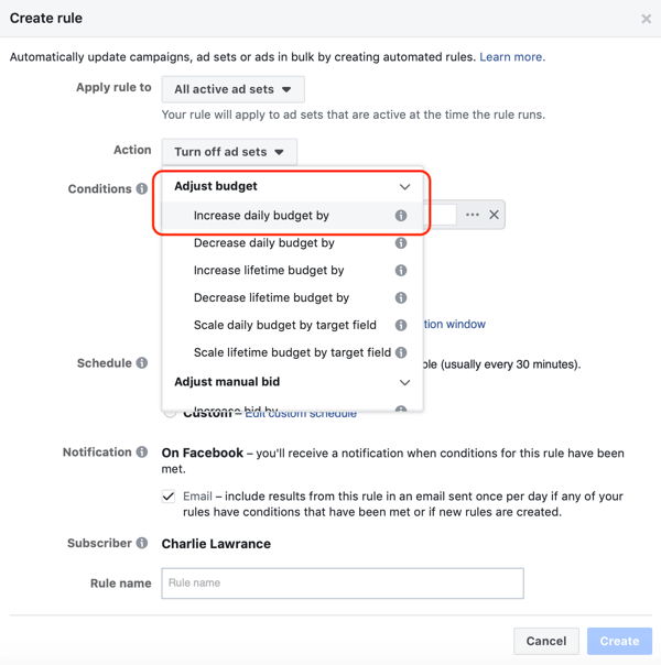 Gebruik geautomatiseerde regels van Facebook, verhoog het budget wanneer ROAS groter is dan 2, stap 1, stel actie in