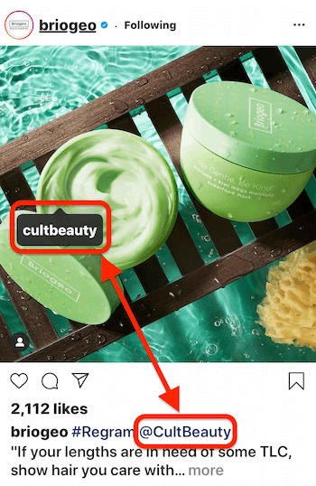 instagram-bericht van @briogeo met een post-tag en bijschrift @mention voor @cultbeauty, wiens product in de afbeelding verschijnt