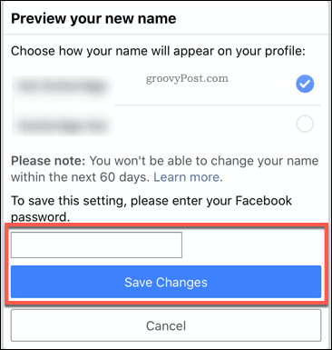 Bevestiging van een Facebook-naamswijziging in de mobiele app