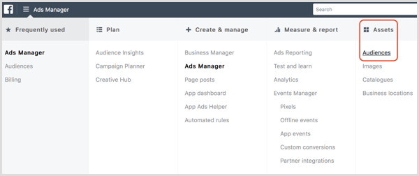 Facebook Ads Manager Audiences-optie