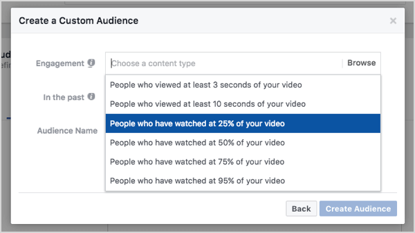 Aangepast Facebook-publiek op basis van 25% videoweergaven.