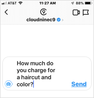 Voorbeeld van veelgestelde vraag aan bedrijven op Instagram.