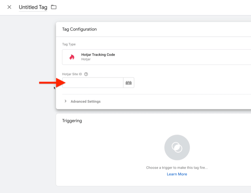 nieuwe google tag manager-tag met nieuw hotjar-site-id-veld gemarkeerd, vanwege het geselecteerde tagtype van de geselecteerde hotjar-trackingcode