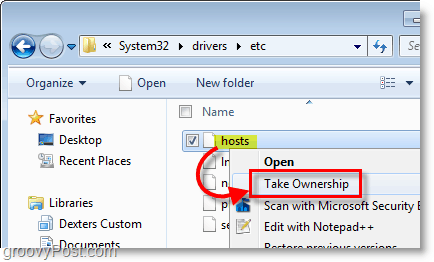 Schermafbeelding van Windows 7 - gebruik het contextmenu met de rechtermuisknop om eigenaar te worden van elk bestand in Windows 7