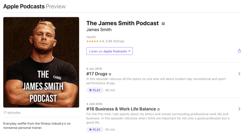 Marketingstrategie voor sociale media; Screenshot van de podcast van James Smith op Apple Podcasts. James is een bekende influencer in de fitnesswereld.