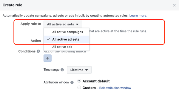 Gebruik geautomatiseerde Facebook-regels, stop advertentieset wanneer uitgaven twee keer zo duur zijn en minder dan 1 aankoop, stap 1, van toepassing zijn op alle advertentiesets