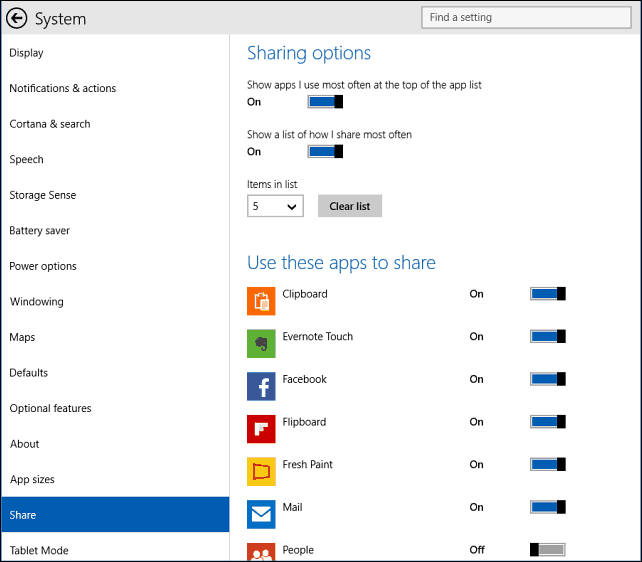 opties voor delen Windows 10