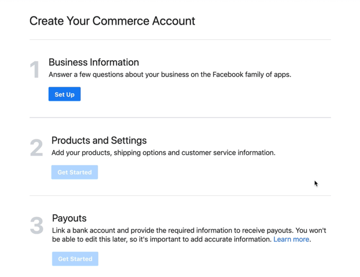 dialoogvenster om uw bedrijfsinformatie in te stellen voor uw Facebook-handelsaccount