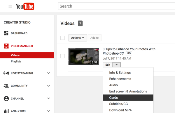 Klik in YouTube Videobeheer op de pijl omlaag naast Bewerken en selecteer Kaarten.