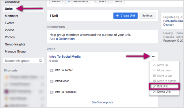 Klik op de drie stippen rechts van de Facebook-groepseenheid die u wilt bewerken.