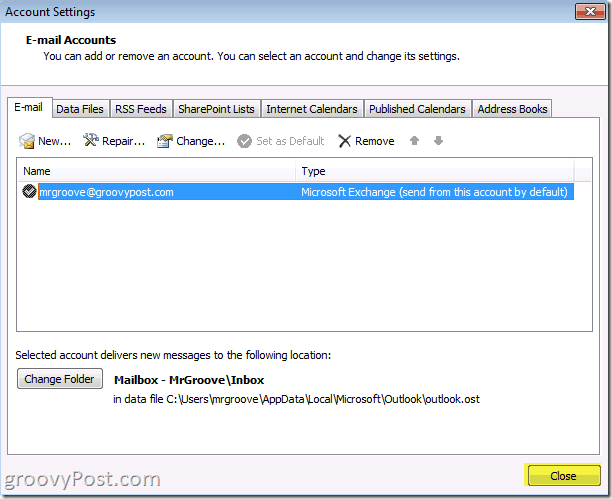 Knop Sluiten van Outlook 2010 Screenshot om accountbesparingen te besparen