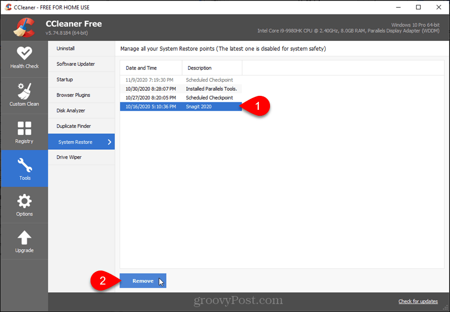 Systeemherstelpunten in CCleaner