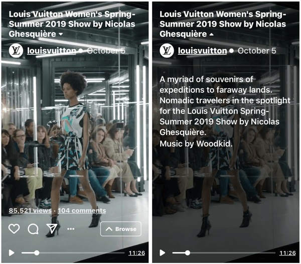 Voorbeeld van de IGTV-show van Louis Vuitton voor hun Women's Spring-Summer 2019 Fashion Show.