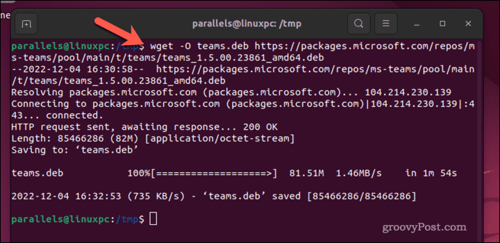 Download Microsoft Teams in de Ubuntu-terminal