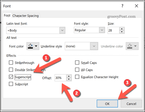 Opties voor het toevoegen van subscript- of superscript-tekst in PowerPoint op Windows