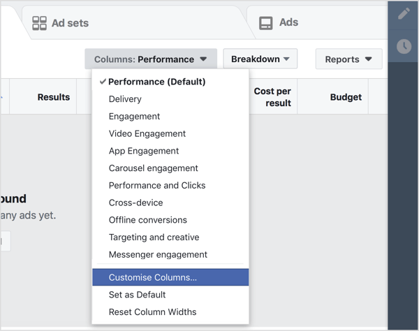 Navigeer naar uw Facebook Ads Manager-dashboard en selecteer Kolommen aanpassen in het vervolgkeuzemenu Kolommen.