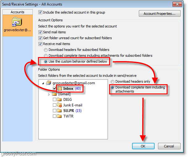 Outlook 2010 Screenshot - Inbox gebruik aangepast gedrag download compleet item