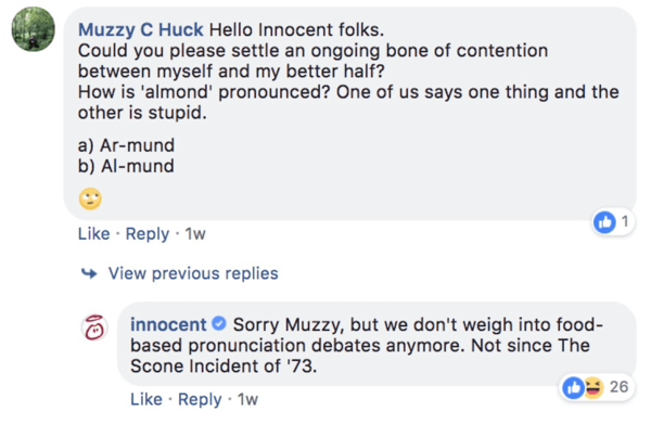 Voorbeeld van Innocent die reageert op een reactievraag op een Facebook-bericht.